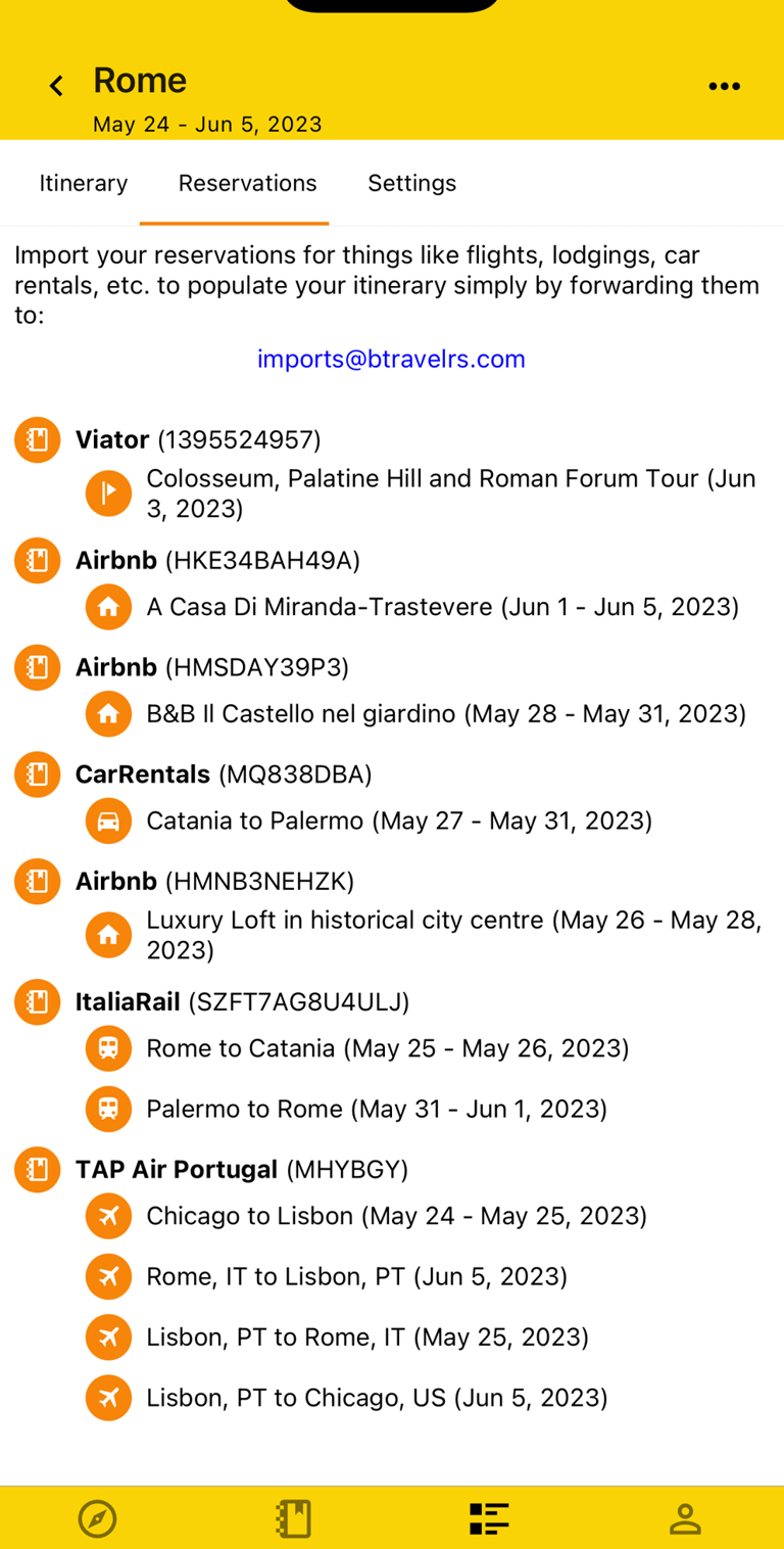 reservations view for a trip