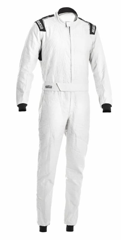 White Sparco racing suit with black cuffs and shoulder logos for professional motorsport drivers.