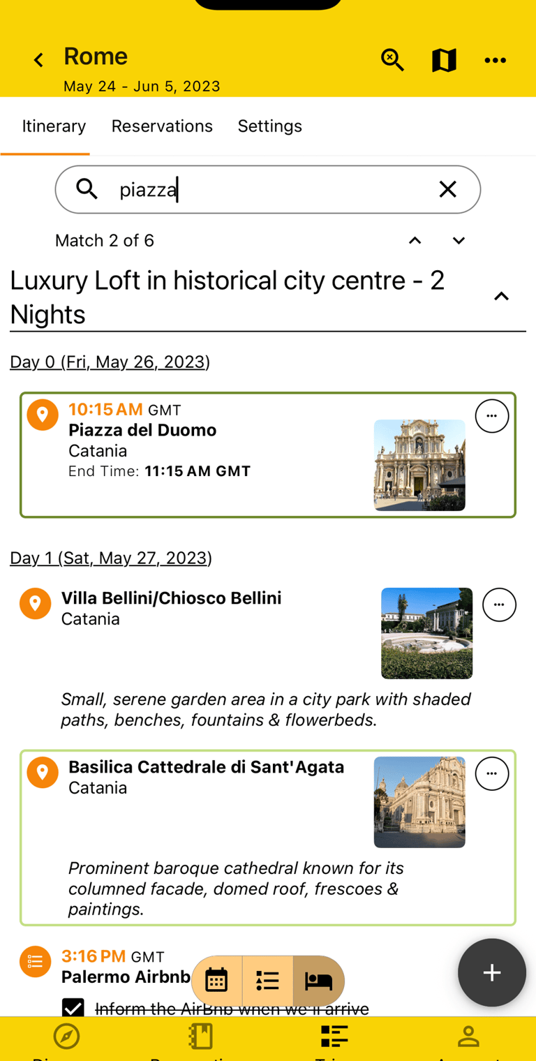 itinerary by lodging view with search highlighted results