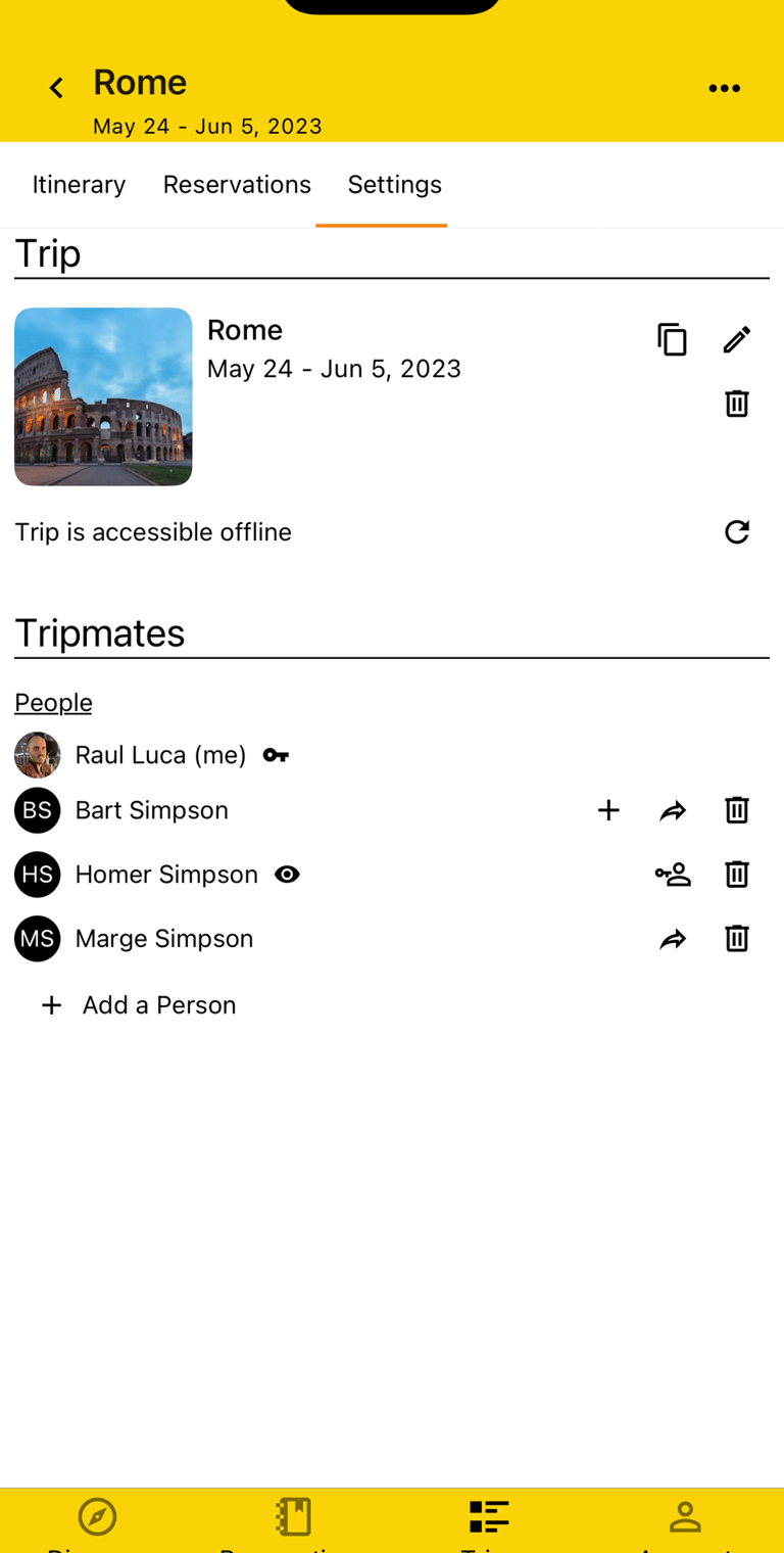 trip settings page showing tripmates
