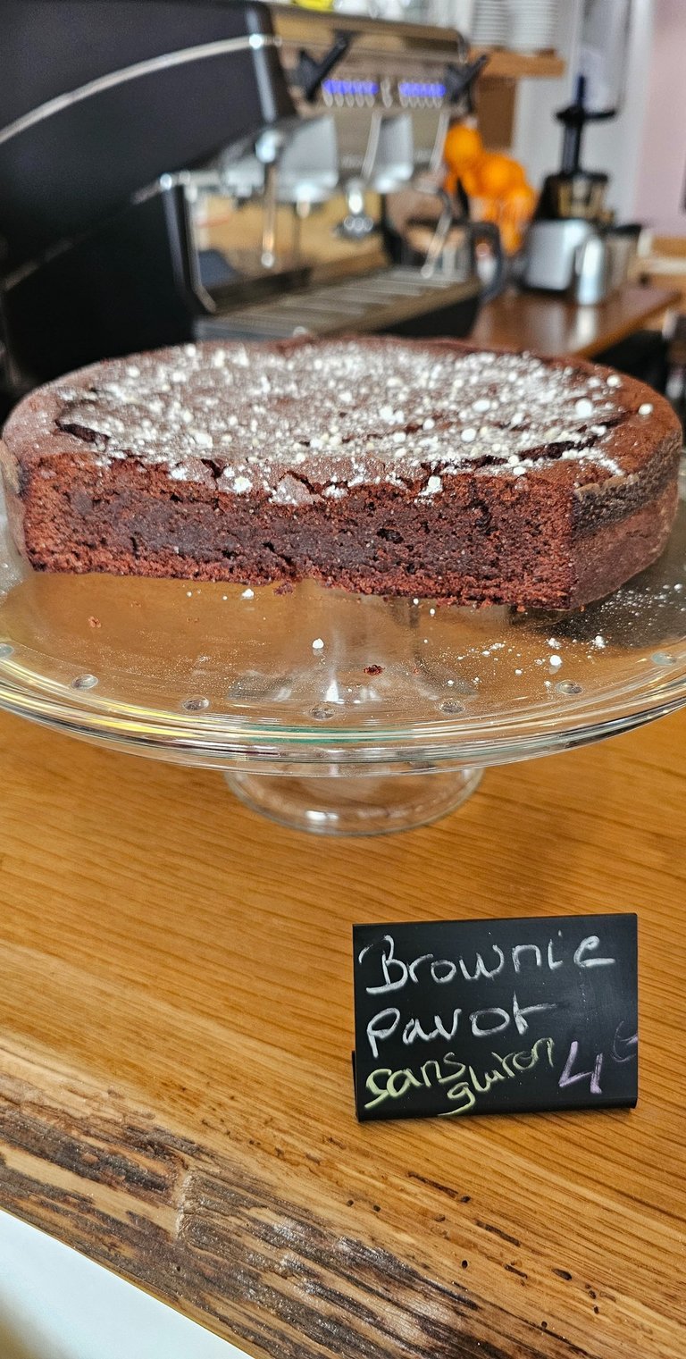 Gluten-free poppy seed brownie dusted with icing sugar