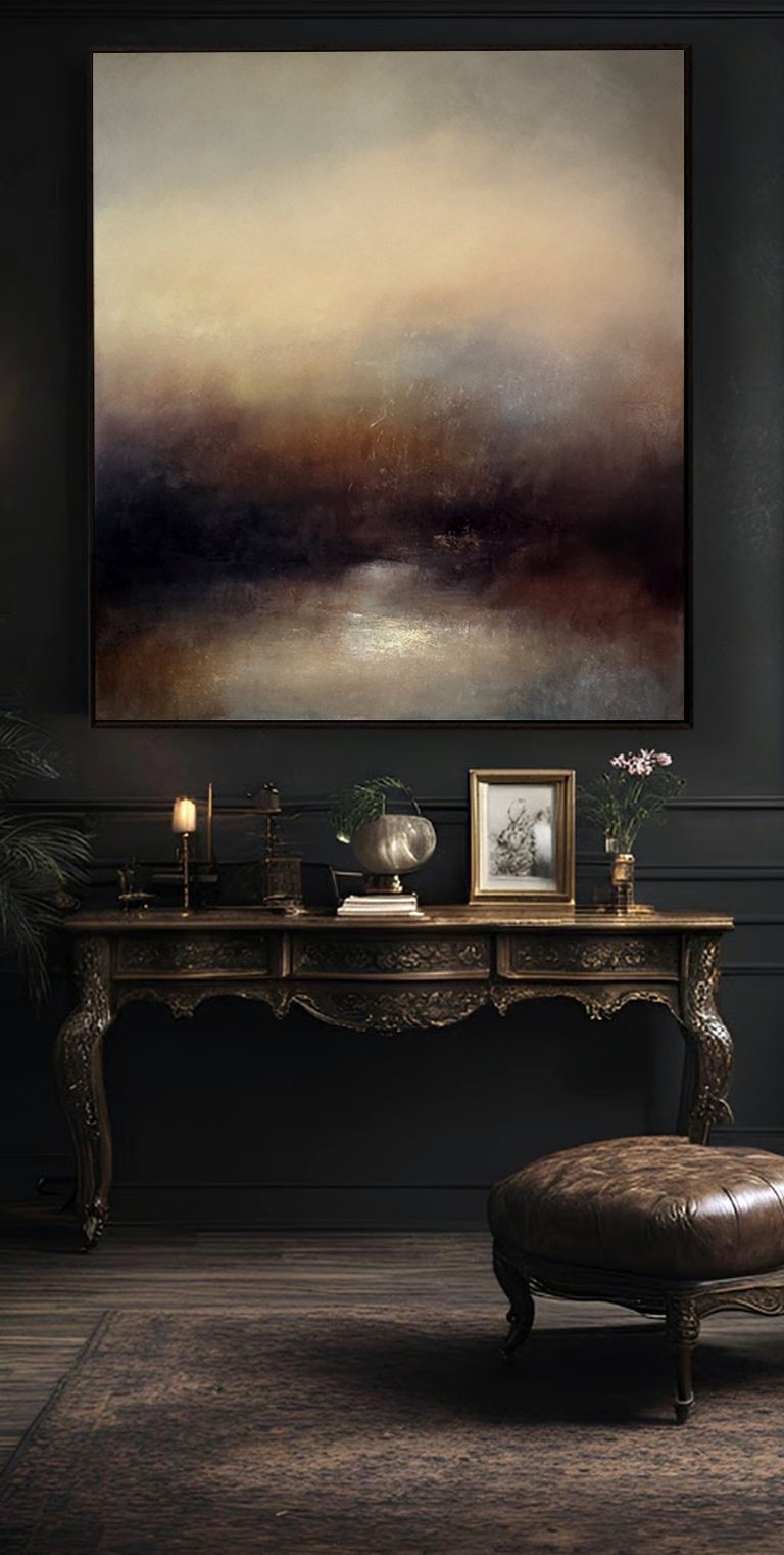 A large framed abstract landscape painting by the British contemporary artist Kerr Ashmore framed & hung above console table