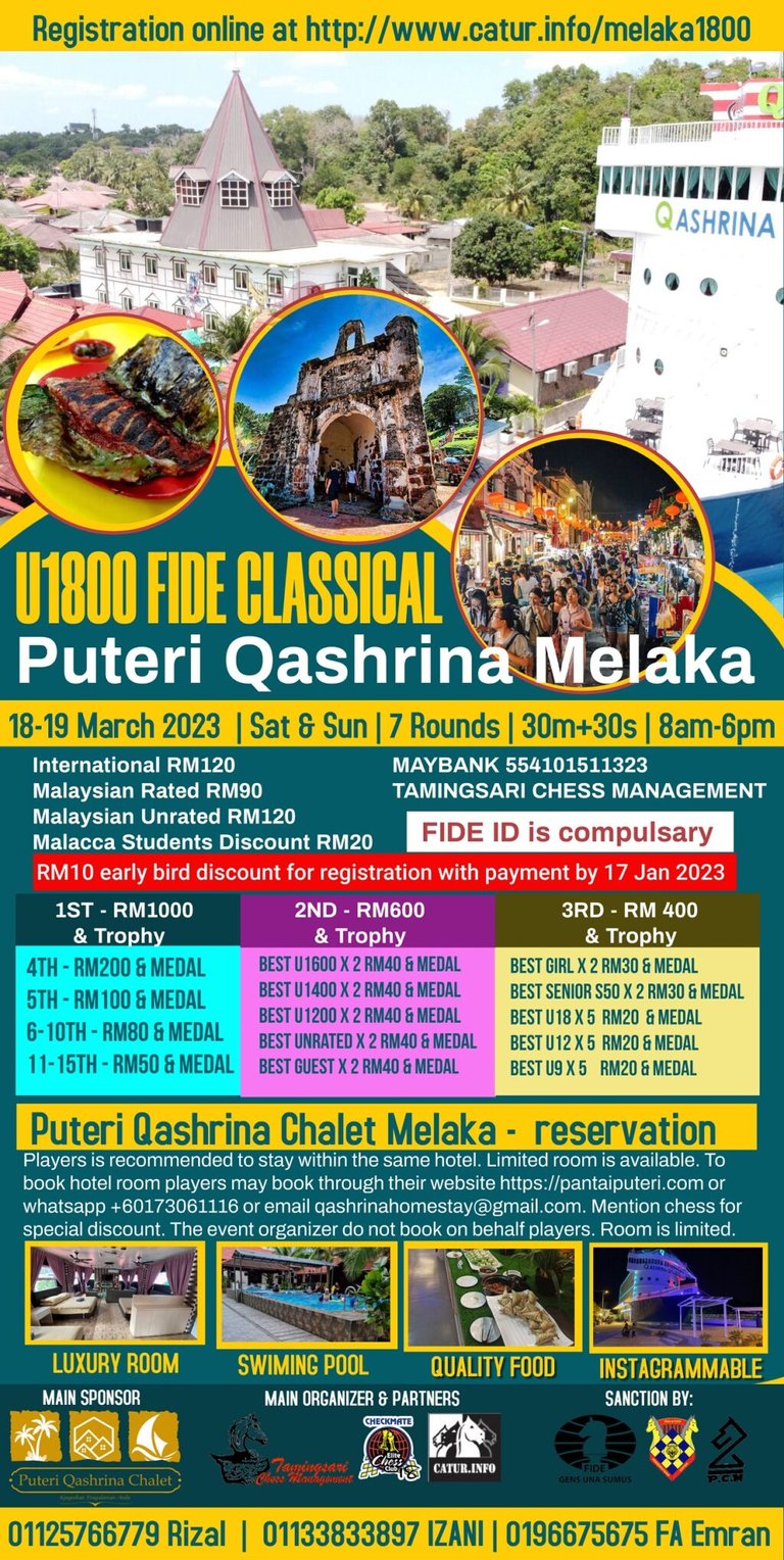 Puteri Qashrina Chalet Melaka U1800 FIDE Classical. Malaysia Chess. Catur Malaysia. 