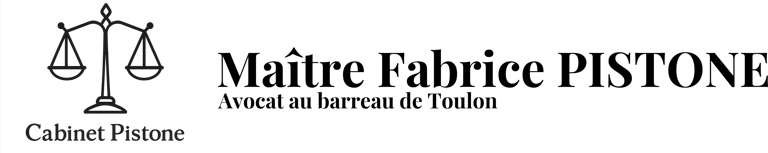 Logo of Cabinet Pistone featuring Maître Fabrice Pistone, an avocat au barreau de Toulon with a scales of justice icon
