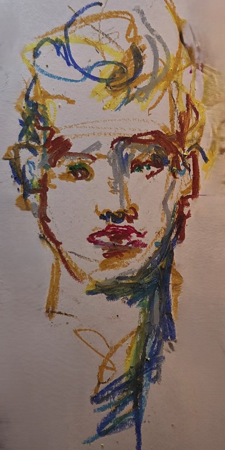 Abstract expressionist oil pastel portrait featuring bold, colorful strokes of yellow, blue, and red.