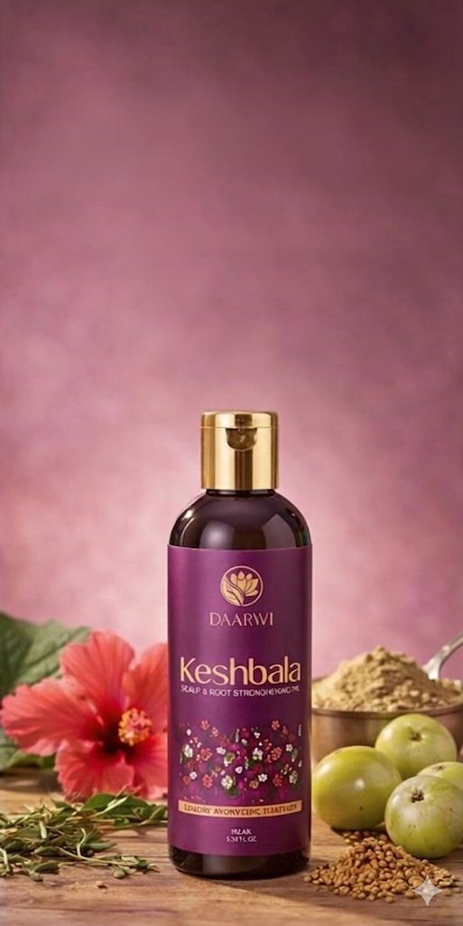 Daarwi Keshbala hair oil bottle with amla, hibiscus, and ayurvedic herbs for scalp and root strengthening.