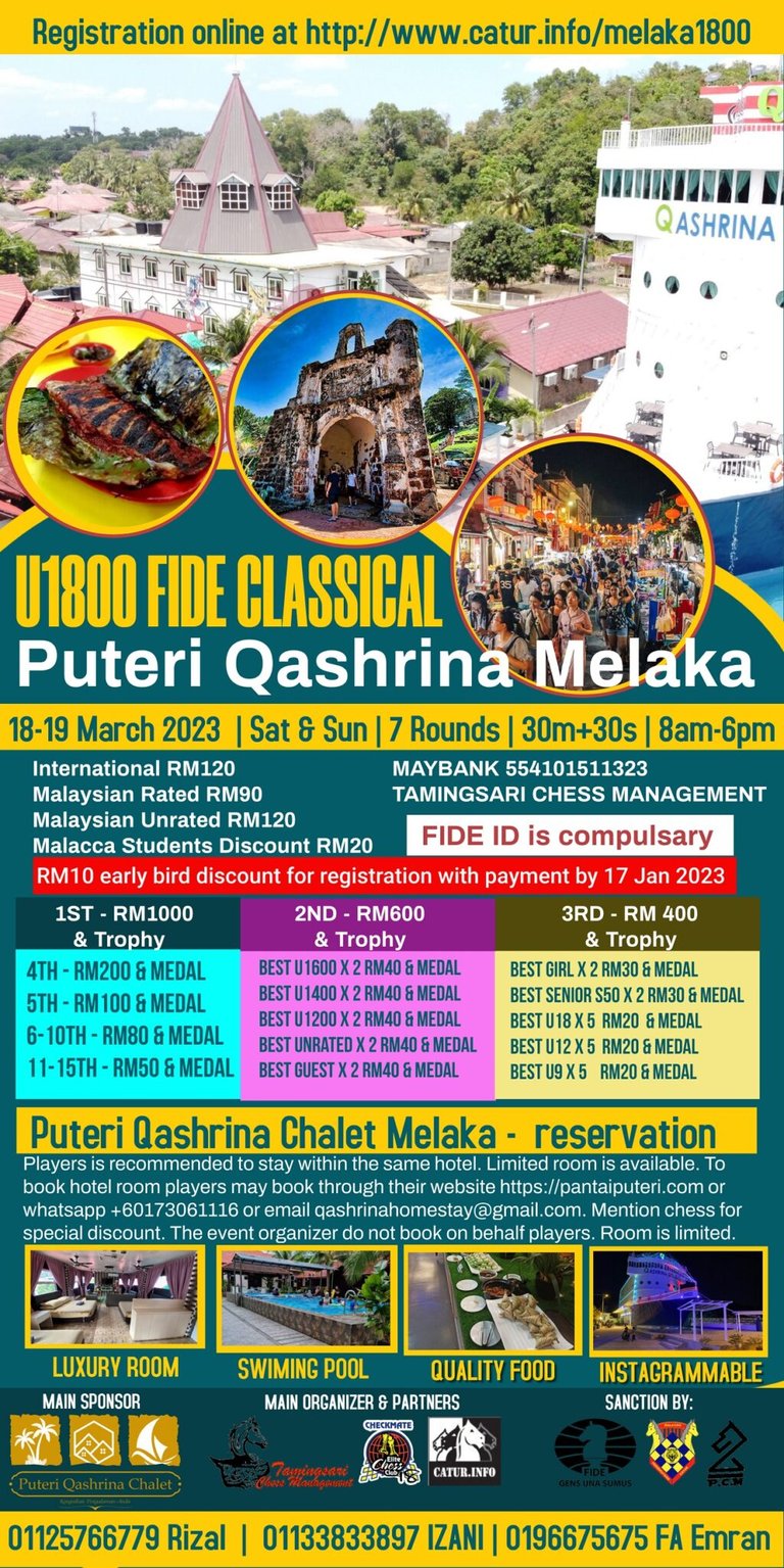 Puteri Qashrina Melaka U1800 FIDE Classical. Malaysia Chess. Catur Malaysia. 