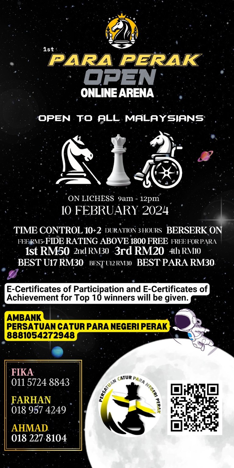Malaysia Chess. Catur Malaysia. 1st Para Perak Open Online Arena