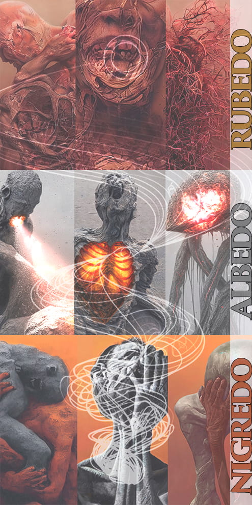 Collage of artwork fragments arranged in three groups representing Nigredo, Albedo, and Rubedo