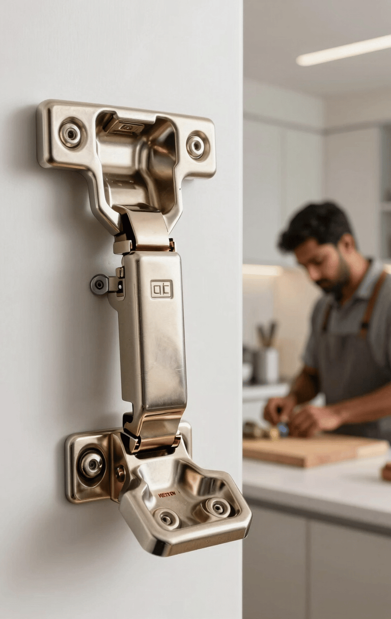 A close-up photograph of high-quality cabinet hinges and modular kitchen fittings from Hettich in a modern Bangalore home. A professional craftsman is visible in the background, South Asian / Indian context, clean and bright natural lighting, sophisticated interior atmosphere.