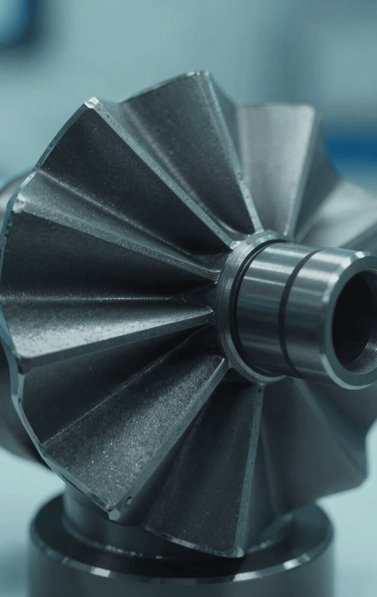 Macro close-up of a precision-machined marine alloy turbine component, cool-toned laboratory lighting, deep obsidian shadows, sharp focus on the metallic grain, 35mm
