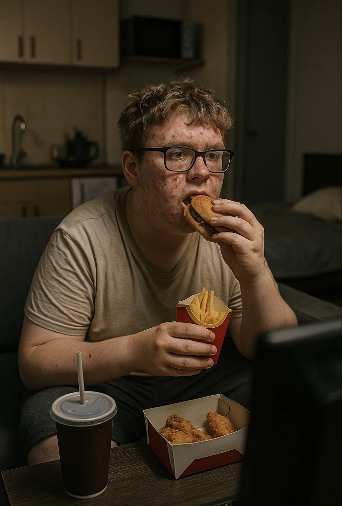 Un ado boutonneux mange un burger pour la journée mondiale de la malbouffe.