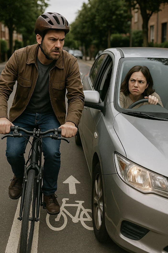 Un cycliste et une automobile cote à cote - Journée mondiale de la bicyclette.