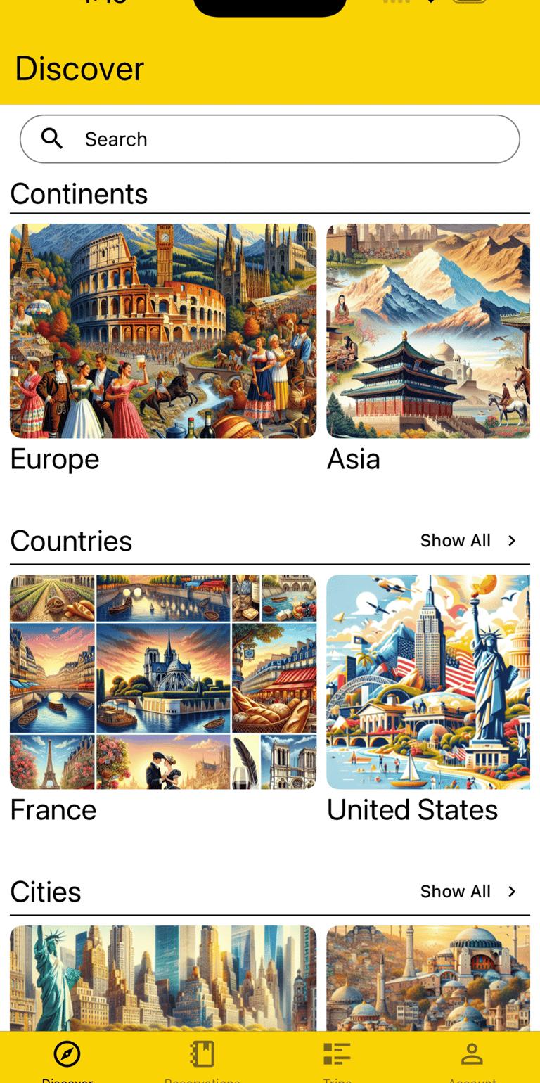 discover page showing top visited continents, countries, and cities