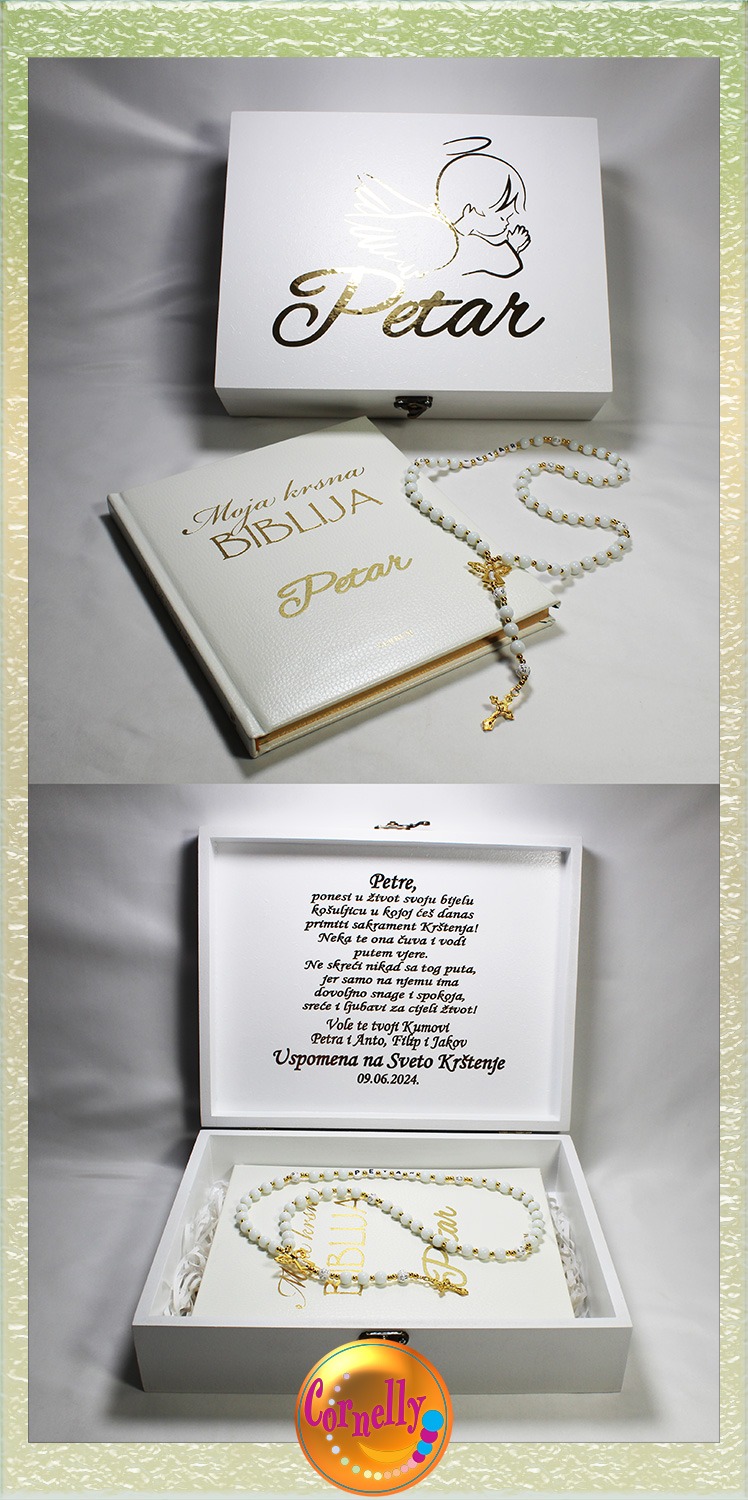 Personalizirana kutija za krštenje s Biblijom i krunicom
