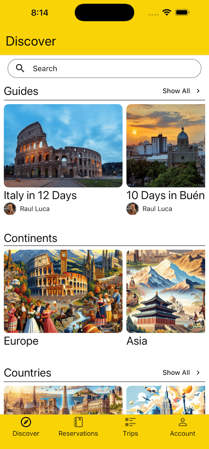 discover page view of guides, continents, countries, and cities