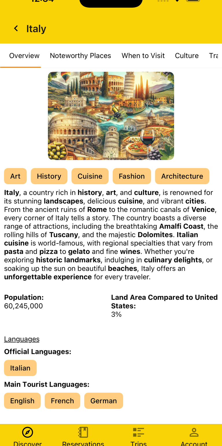 country details for Italy, including history, known-for, and languages used