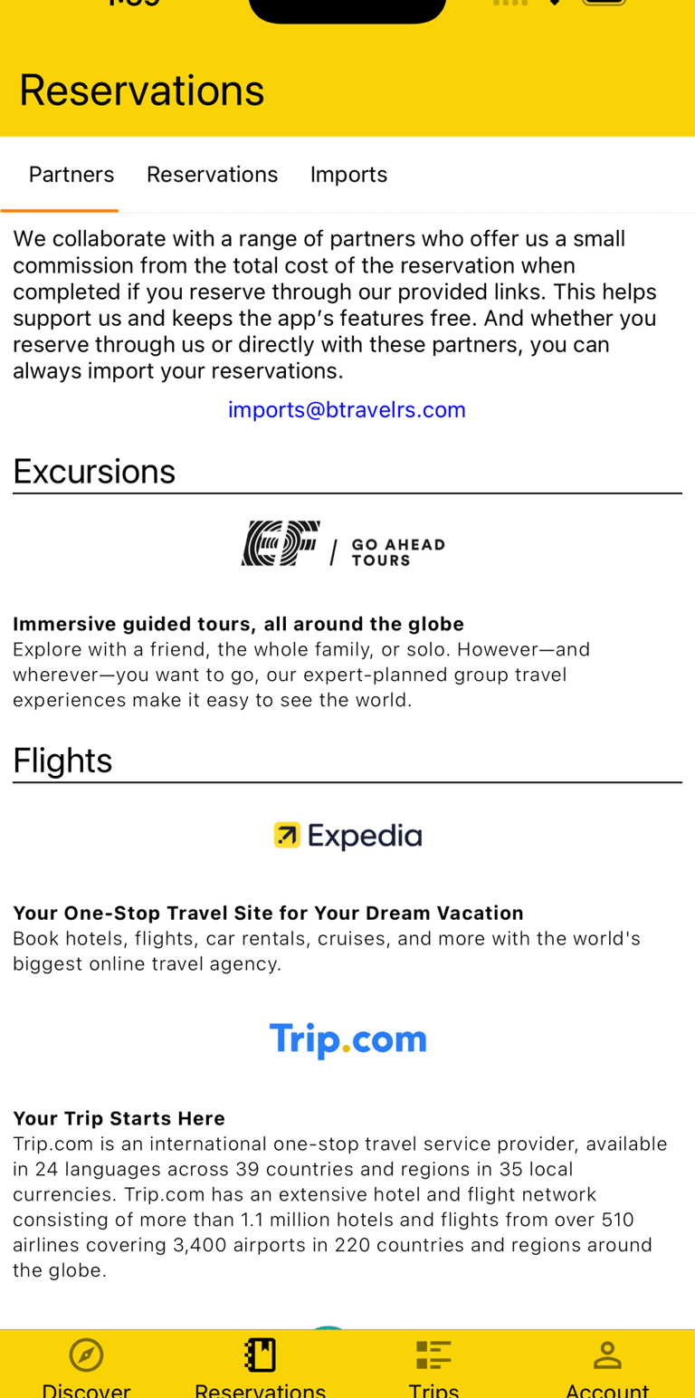 BTravelrs affiliate partners where you can book things like flights, hotels, car rentals, etc.
