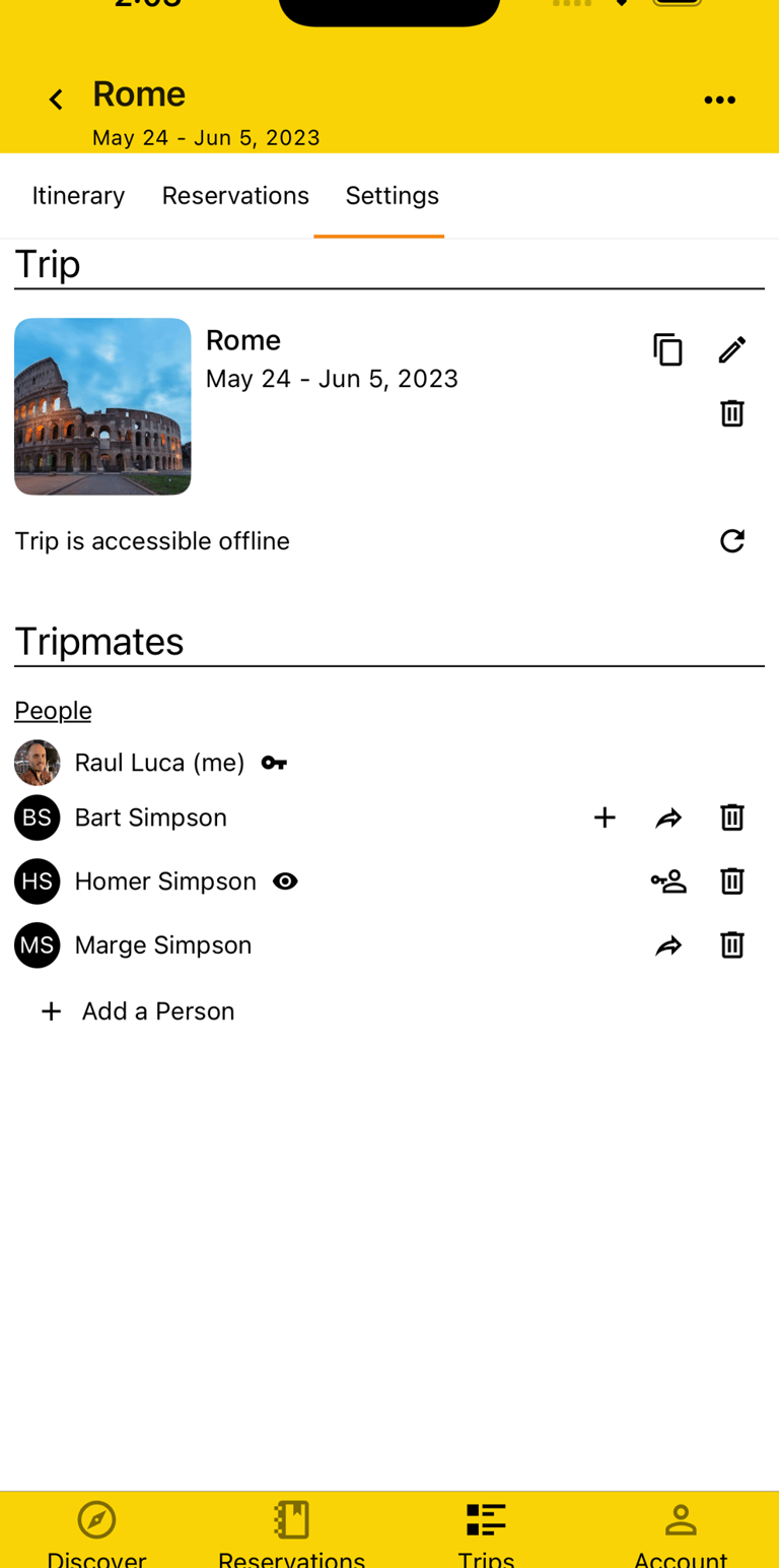 trip settings page showing tripmates and their permissions