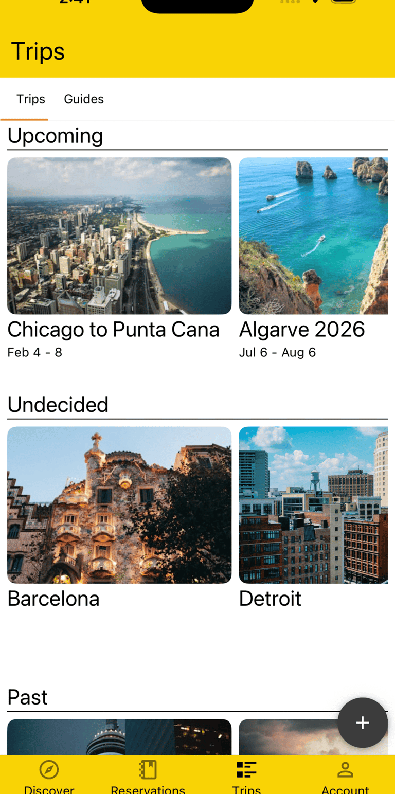 trips list including upcoming, undecided, and past trips