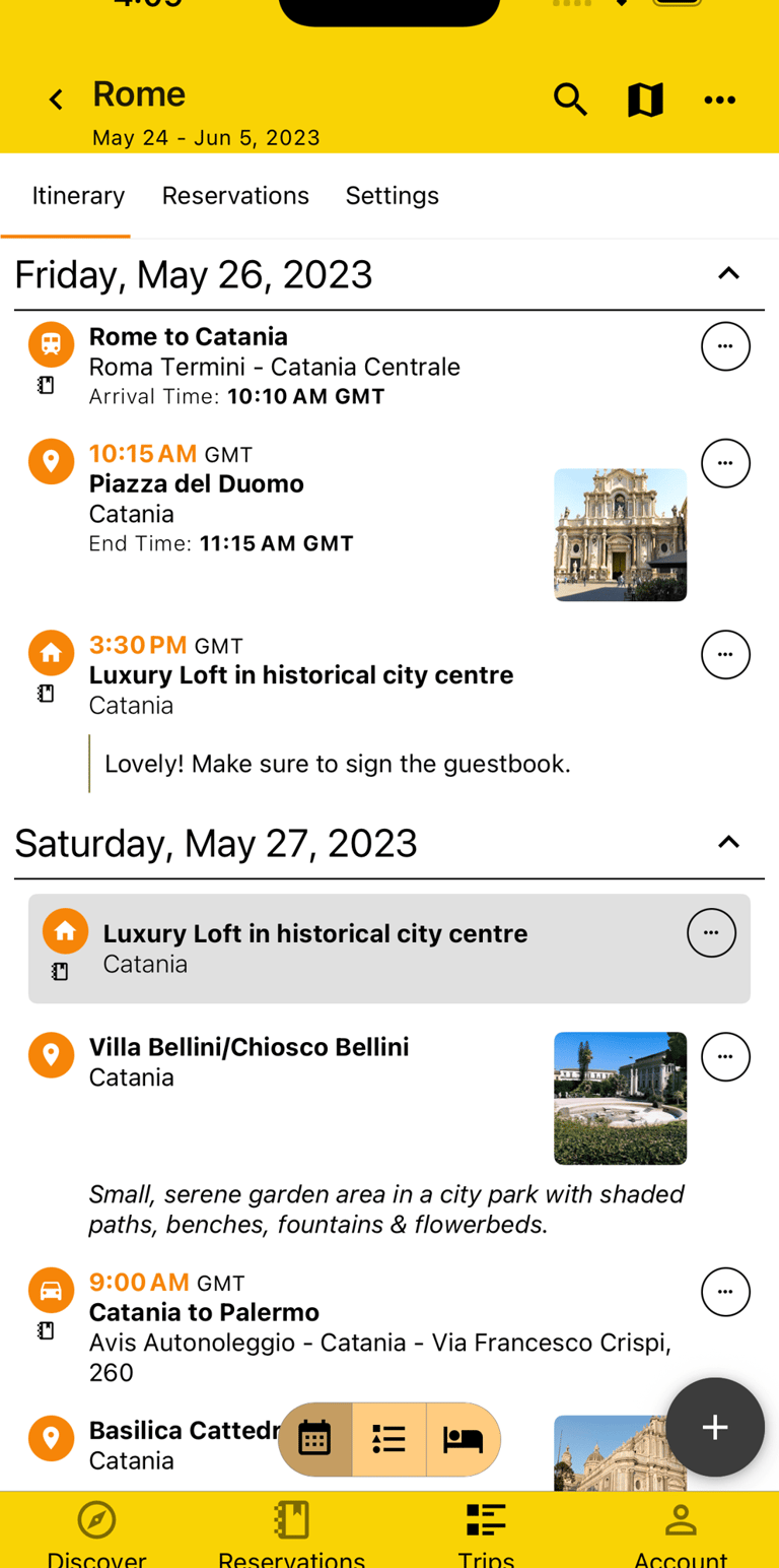 itinerary by day view with various plans