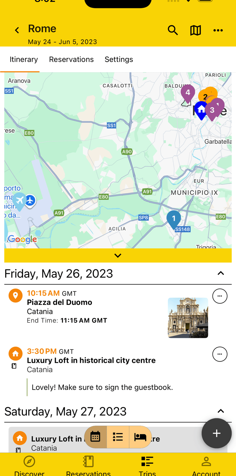 itinerary with map open, showing plans on map
