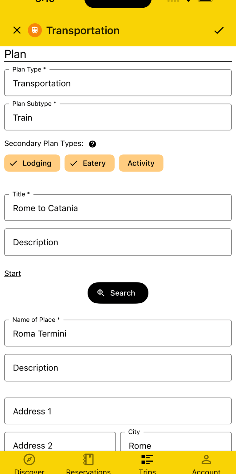 plan details with secondary plan types of lodging and eatery selected