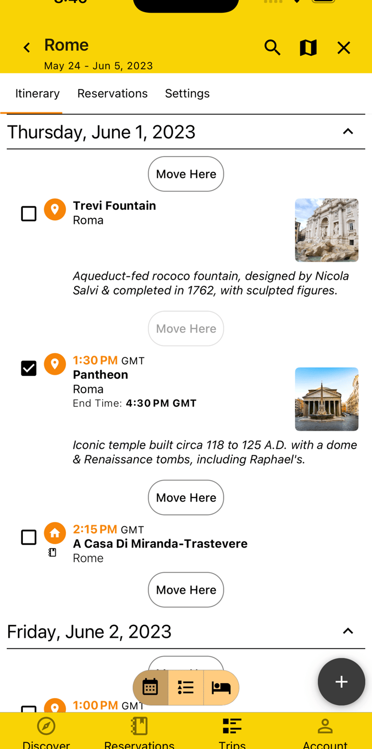 itinerary in move/rearrange mode with one plan selected