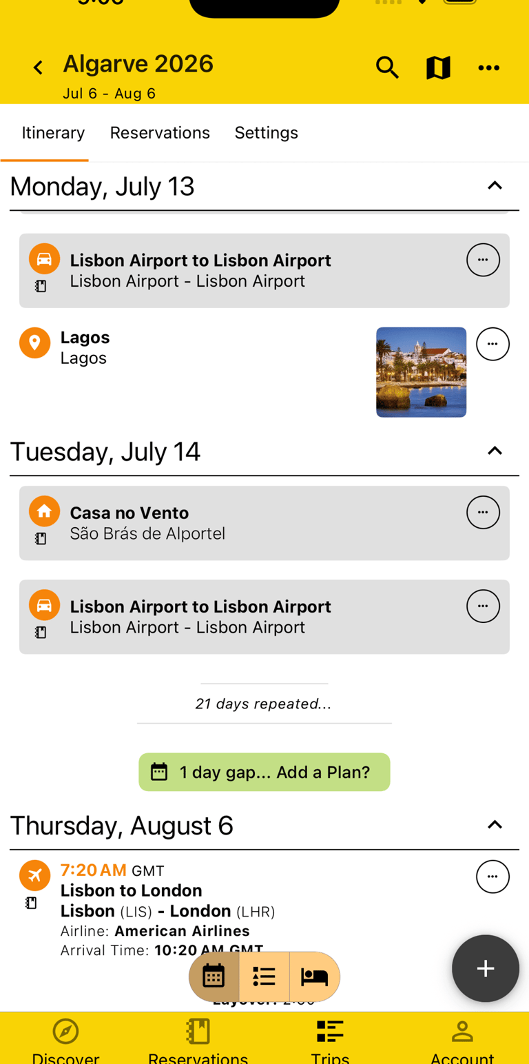 itinerary by day view with consolidated empty and repeating days