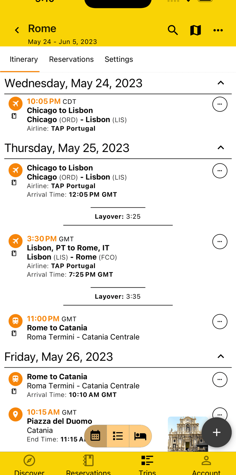 itinerary by day view showing layover times between transportation plans
