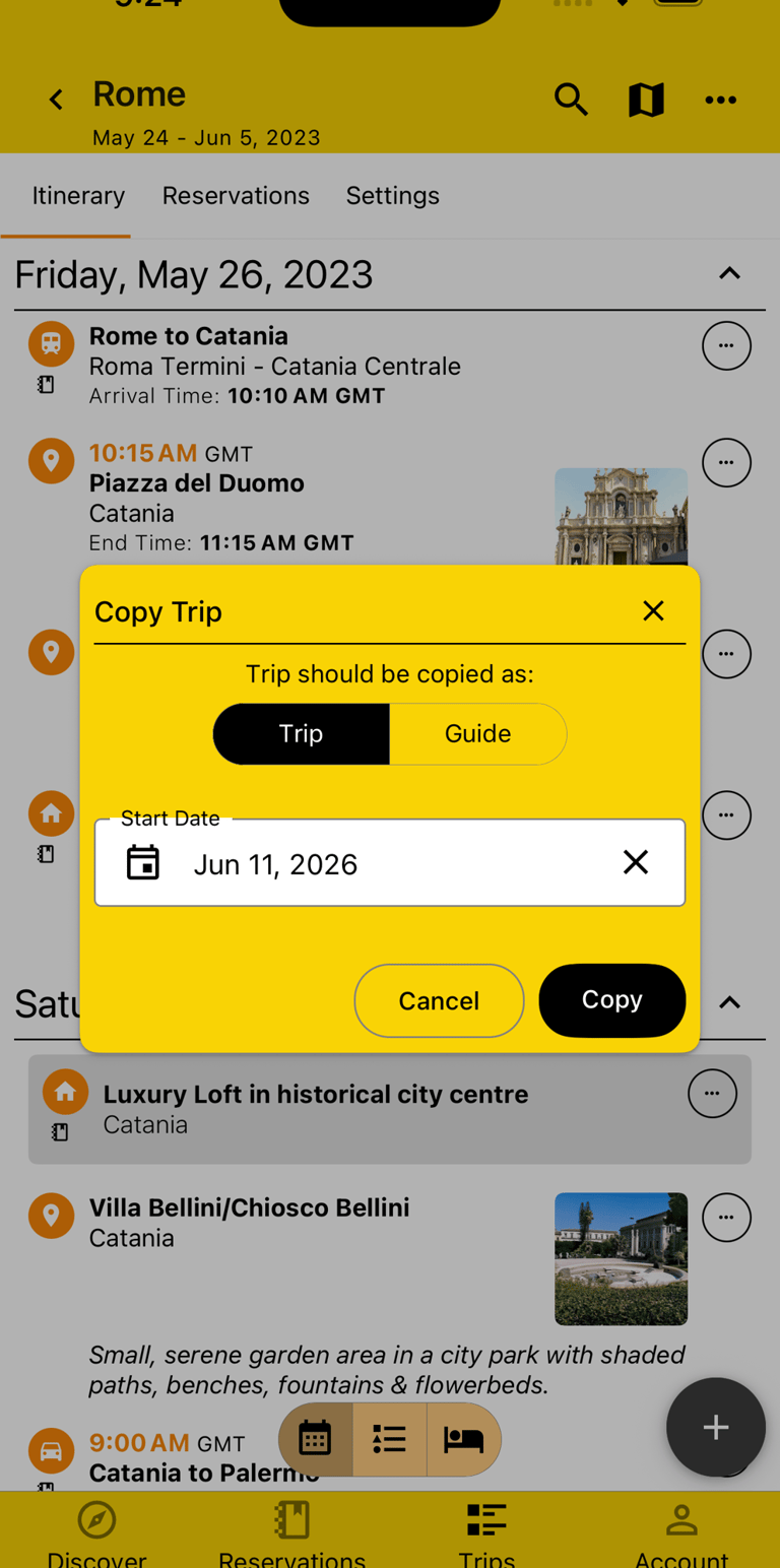 modal where trip copy can be initiated