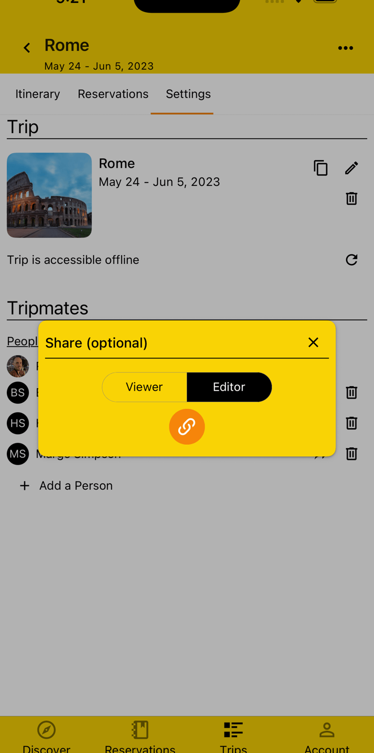 modal with share options for tripmate access