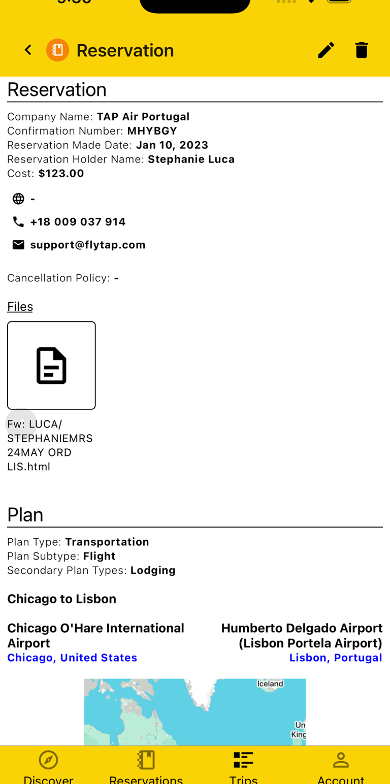reservation details including the email and corresponding plans
