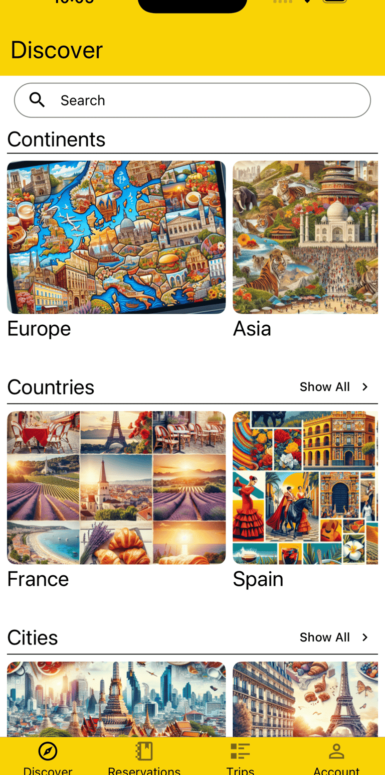 discover page with continents, countries, and cities to explore