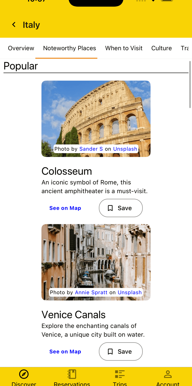 noteworthy places for Italy with "see on map" and "save" buttons