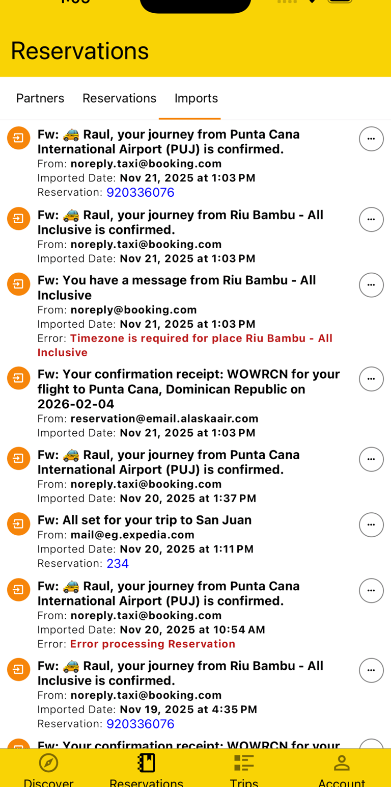 imports page, with email title, who it's from, date imported, and reservation link or error message