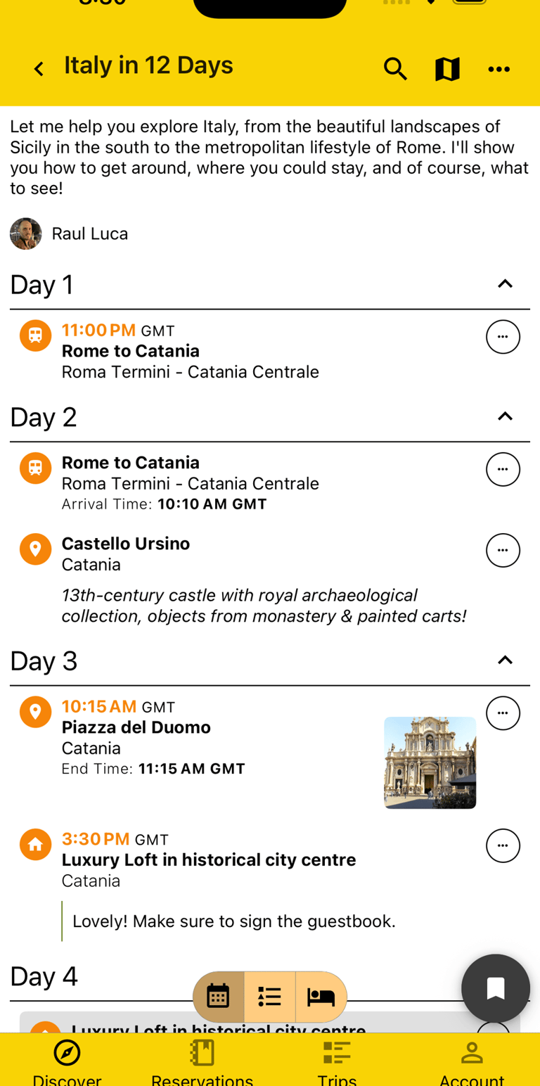 a user guide showing an itinerary for a trip to italy