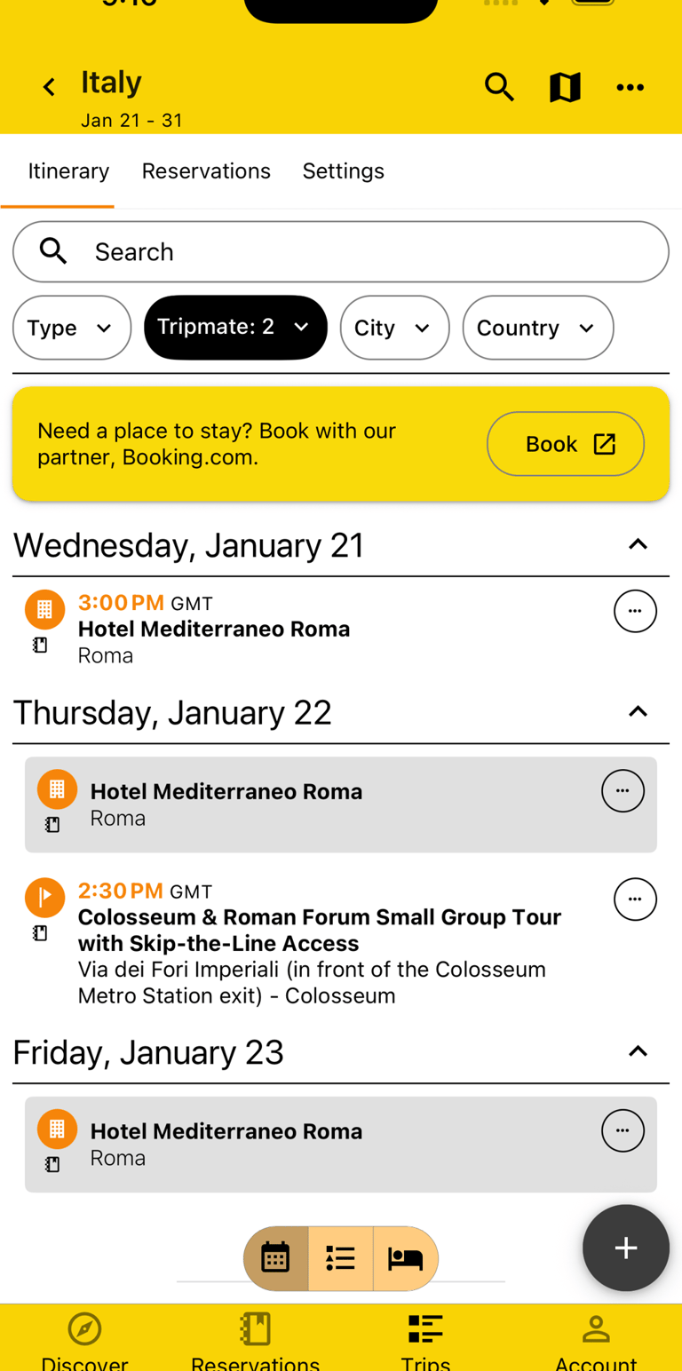 itinerary filtered by tripmates