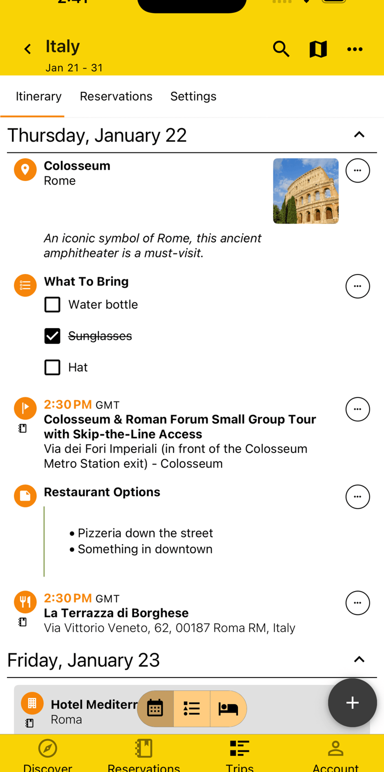 itinerary with a checklist and note