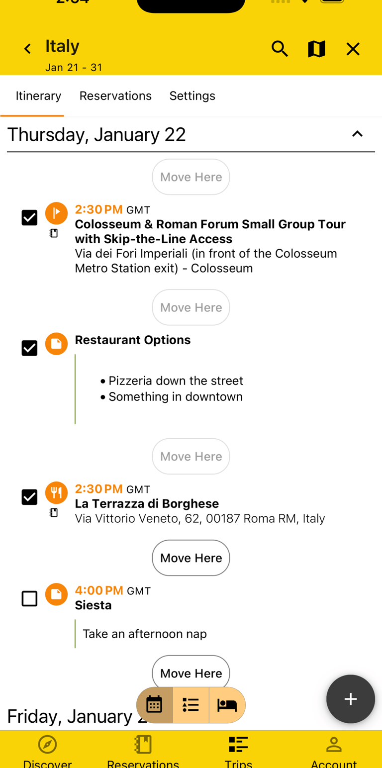 itinerary in rearrange mode with multiple plans selected