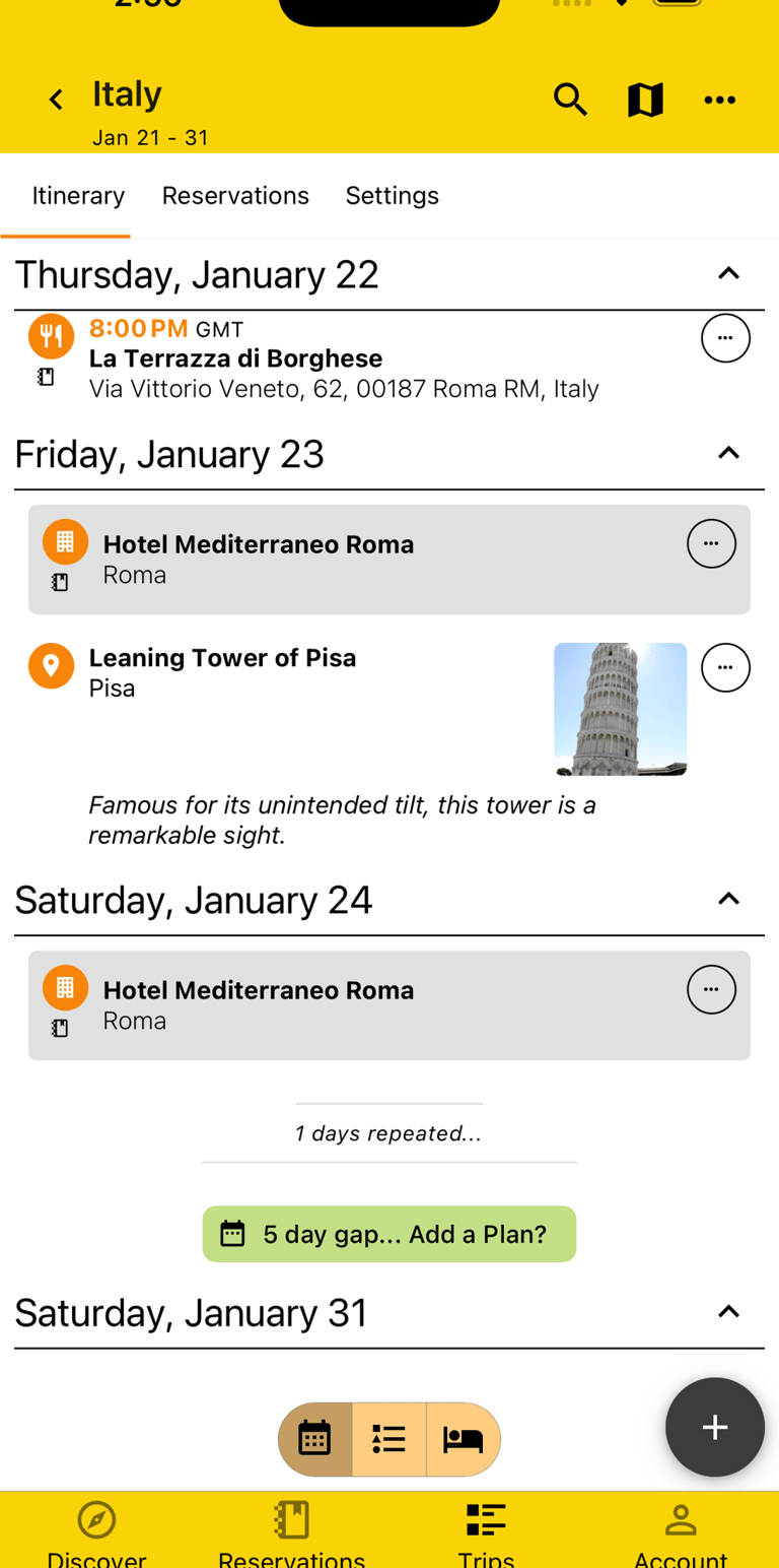 itinerary with empty and repeated days collapsed