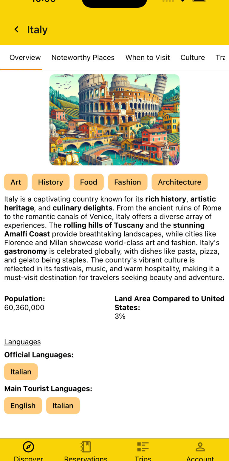 details on Italy, including a brief history, what it's known for, and related languages