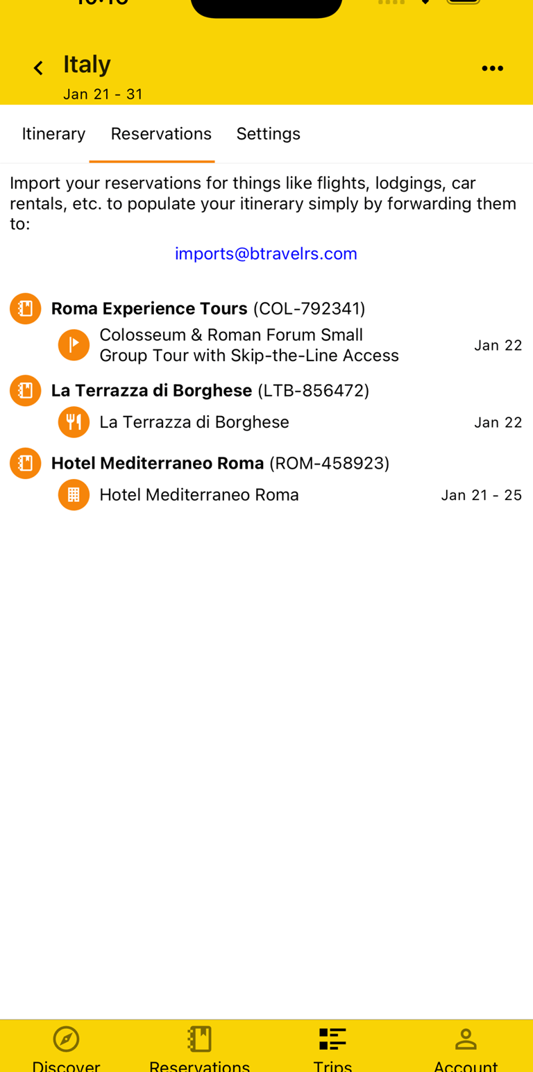 trip reservation view with their related plans and dates