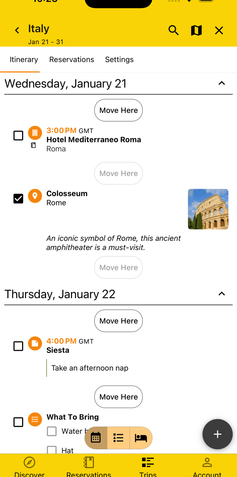 itinerary view in rearrange mode with one plan selected