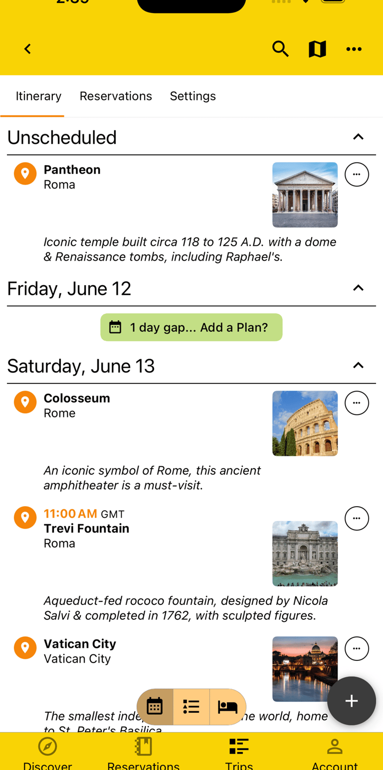unscheduled and scheduled plans on an itinerary