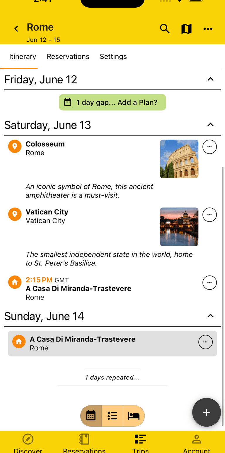 itinerary view with repeated and empty days consolidated