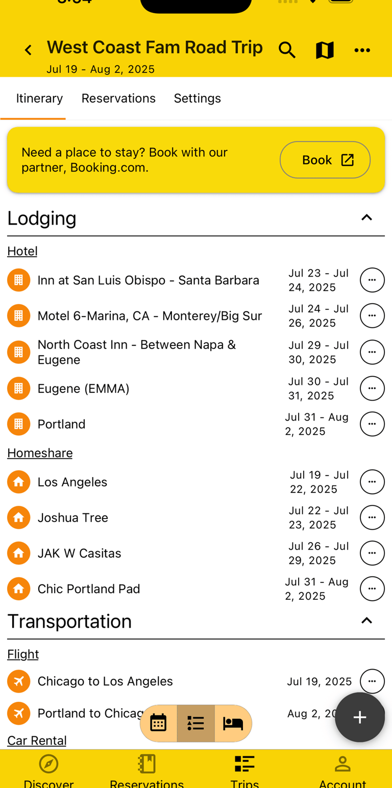 itinerary view by plan type showing various plans