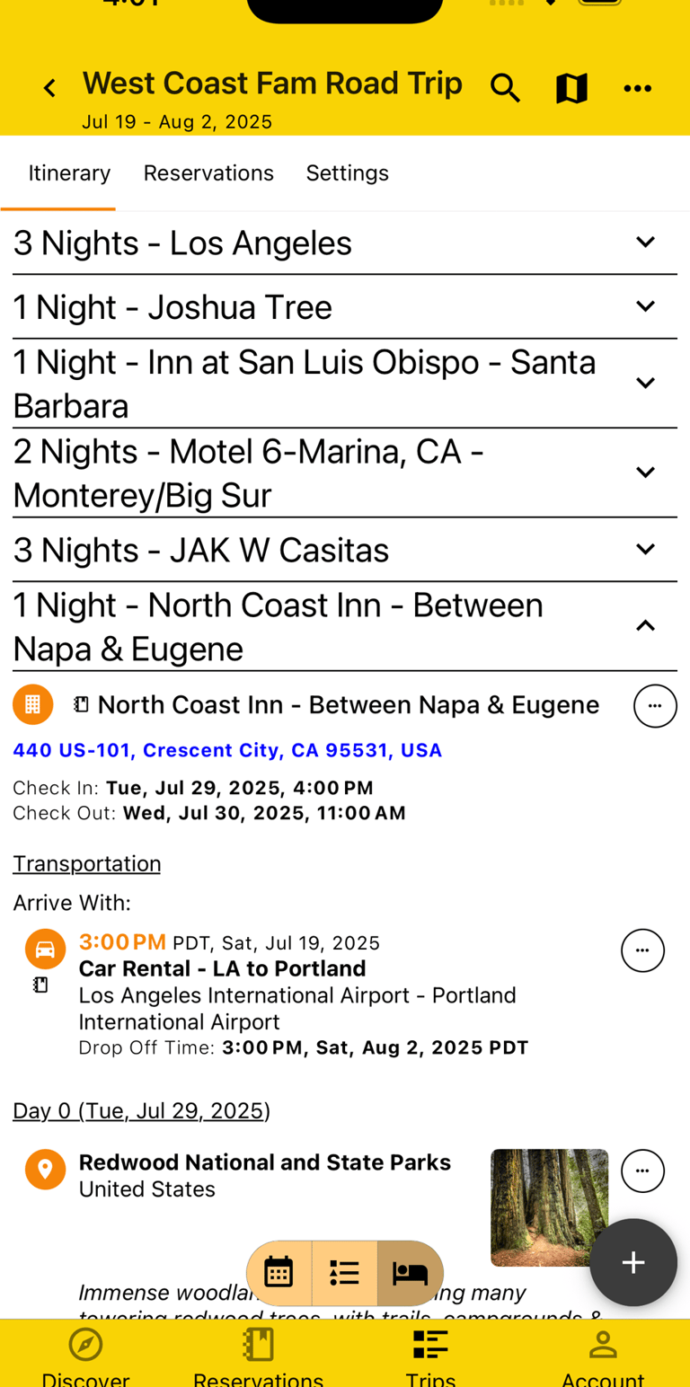 itinerary lodging view with most sections collapsed
