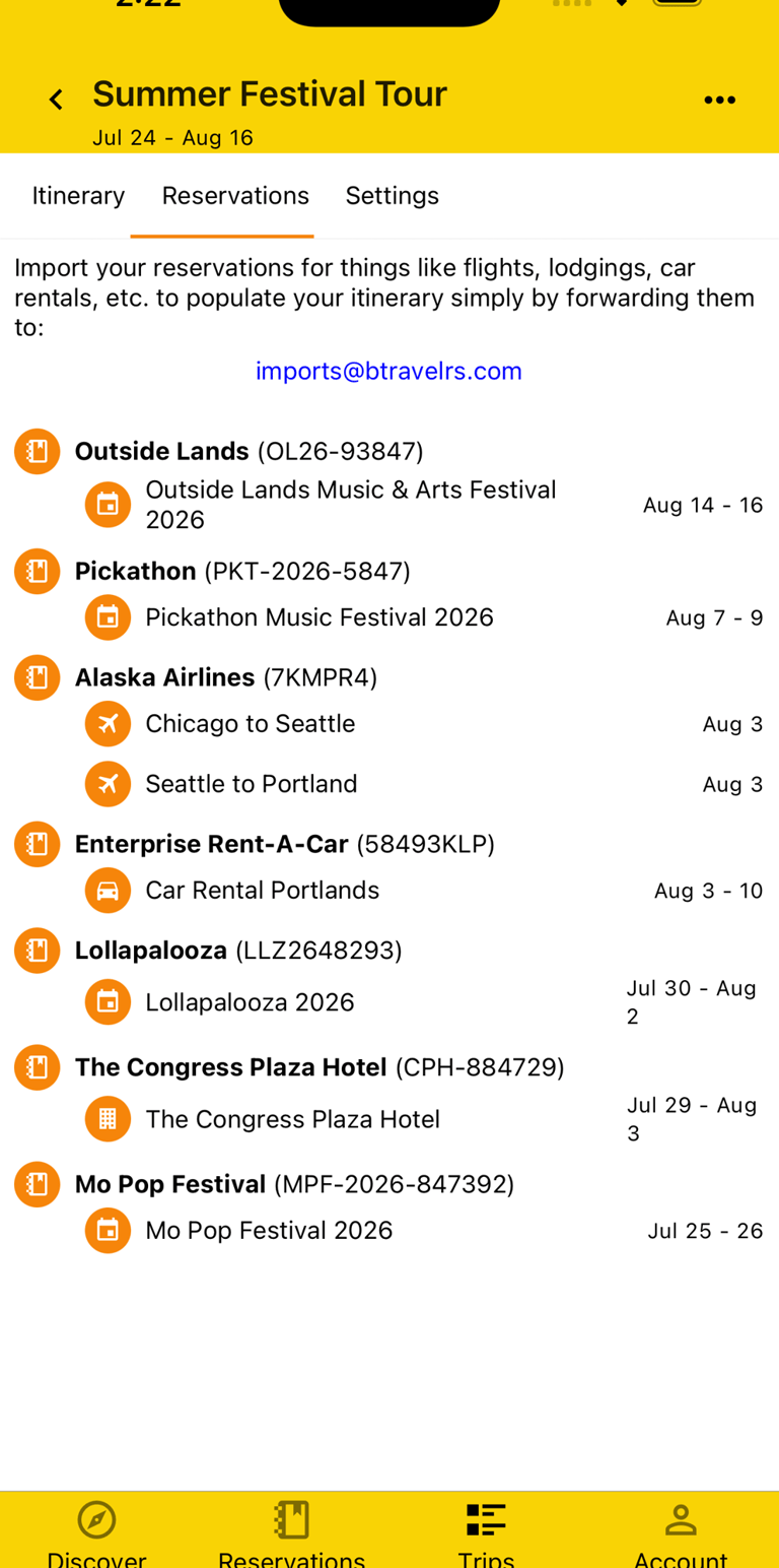 trip reservations list with details like plans and dates