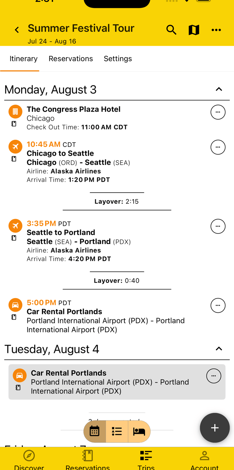itinerary by day view with multiple layovers